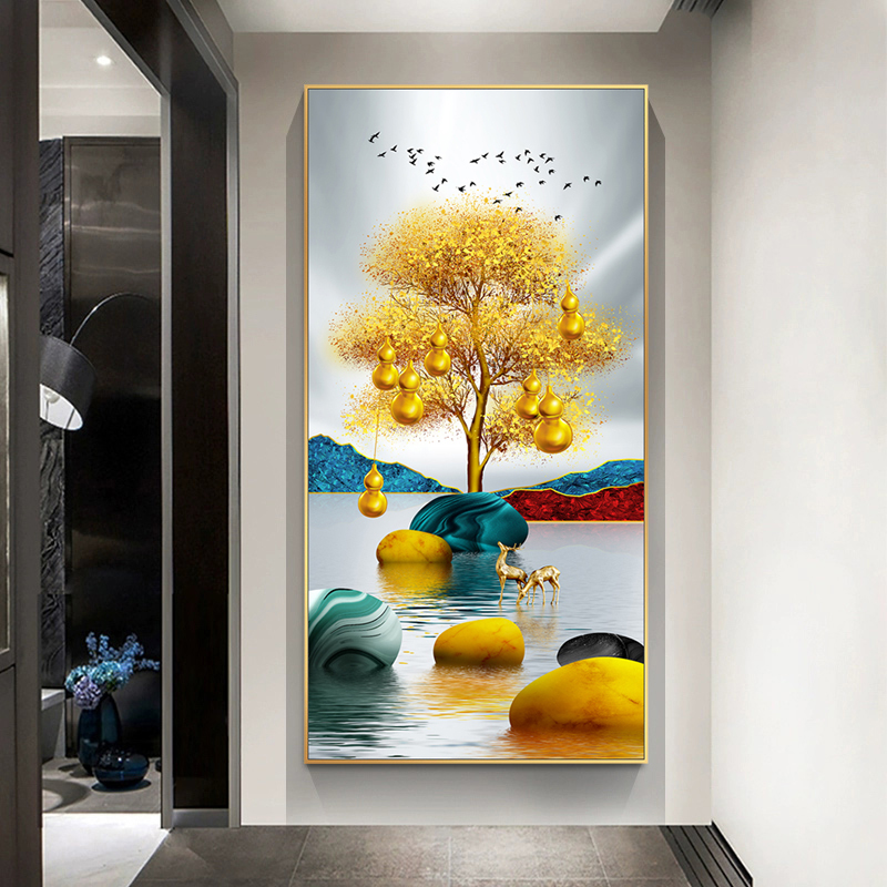 客厅钻石画发财鹿摇钱招财树大气贴钻画满钻十字绣5d砖石画三联画