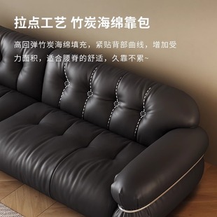 意式中古真皮沙发客厅直排三人黑糖云朵沙发法式复古黑色钢圈沙发