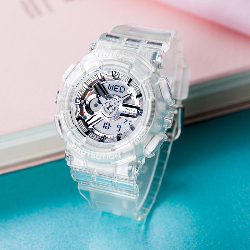 卡西欧baby-g半透明冰韧手表女 情侣运动防水石英女表ba-110cr-7a