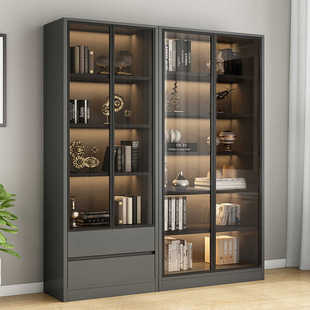 书柜带玻璃门全实木现代轻奢定制家用客厅一体整墙到顶书架展示柜
