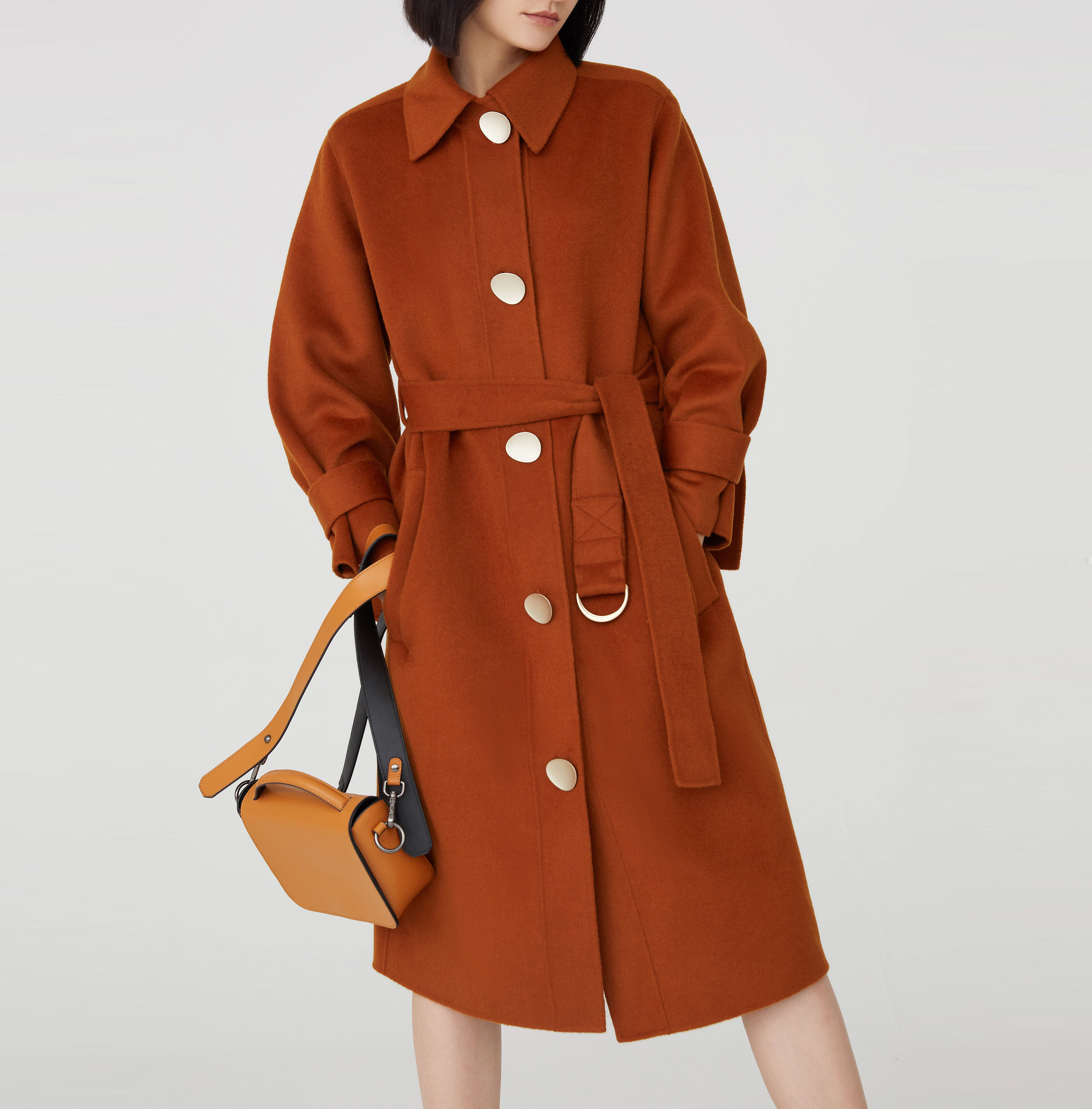 h型大衣女_lily2019冬新款女装金属扣h型中长款双面呢羊毛大衣毛呢