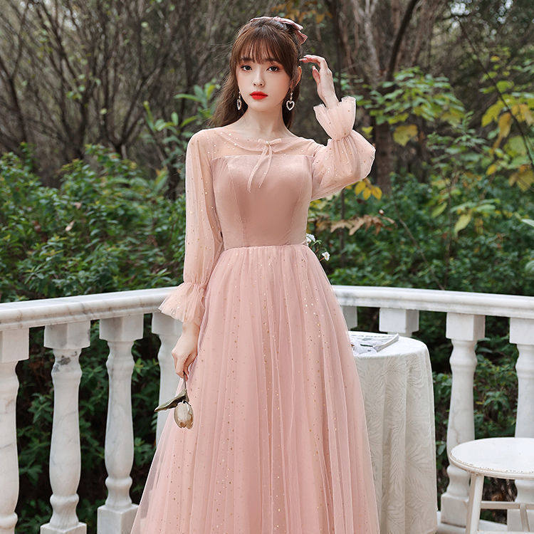 伴娘服秋季2021新款粉色丝绒伴娘团姐妹礼服裙女仙气显瘦长款冬天