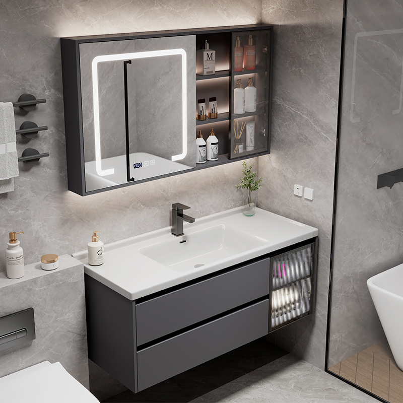 现代简约灰色卫浴室柜组合洗手台盆柜卫生间陶瓷一体盆洗脸洗漱台