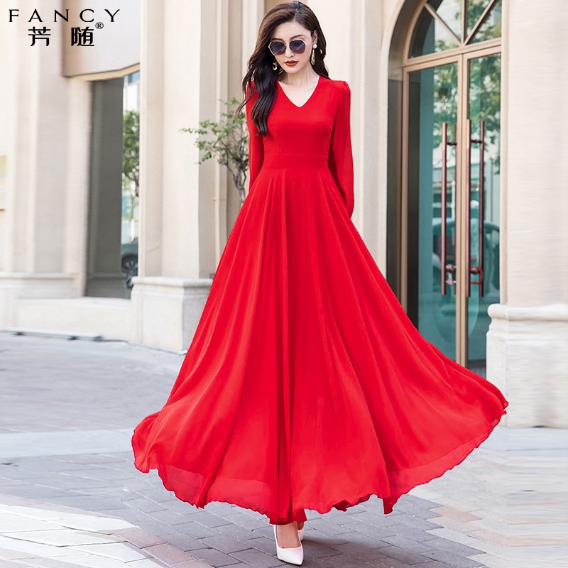 红色连衣裙女2024春季新款名媛气质旅游拍照显瘦雪纺打底长裙子