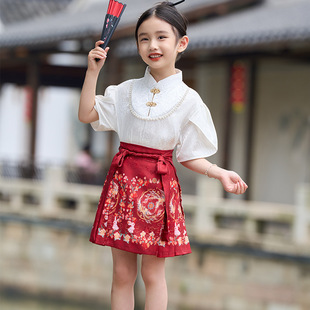 新中式国风马面裙儿童夏款短袖短裙中国风童装古风马面裙套装女童