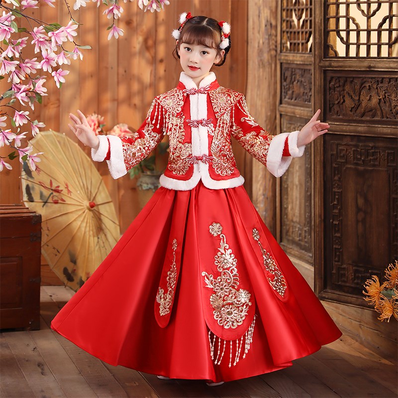 女童汉服冬装加厚儿童过年服装新款中国风秋冬季新年装红色拜年服