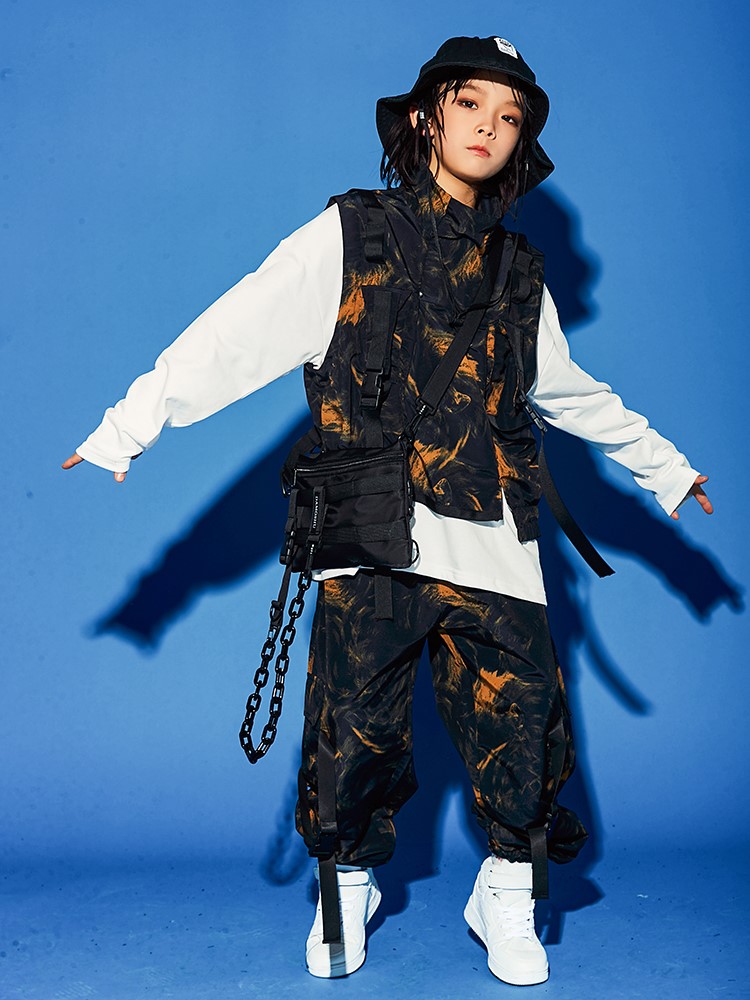 元旦儿童嘻哈街舞潮服套装hiphop迷彩背心套装少儿爵士舞架子鼓演