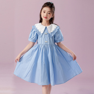 女童蓝色连衣裙2024新款夏季童装裙子儿童大童时髦洋气夏装公主裙