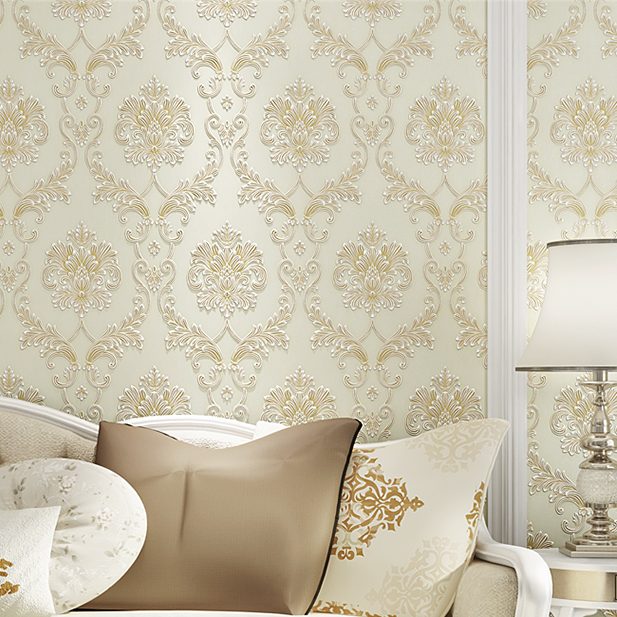 欧式无纺布墙纸卧室客厅电视背景墙纸浮雕加厚田园3d立体植绒壁纸