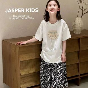 Jasper韩国波拉童装2024夏季新款韩版女童精致刺绣国风亲子T恤