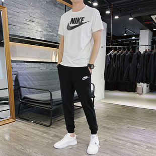 Nike耐克男士纯棉两件套2023夏季新款运动套装透气短袖T恤长裤潮