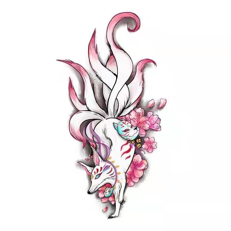 苏小木狐狸持久纹身贴 洗不掉的九尾狐男纹身贴纸防水女花臂6张