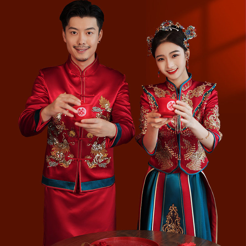 一折秀禾服男女 套装_秀禾服新娘2021年新款男女款情侣套装结婚撞色