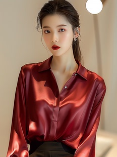 红色真丝缎面衬衫女春季2024新款宽松显瘦百搭气质高级感轻奢衬衣