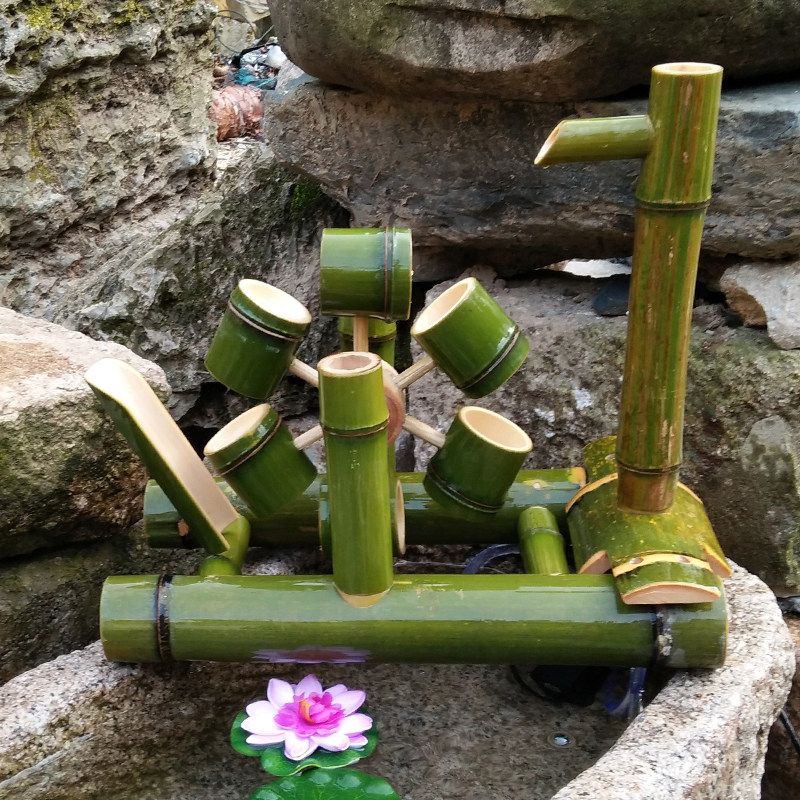 竹子创意摆件勺式水车循环流水鱼缸石槽增过滤器