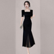 QIR法式黑色方领连衣裙2024夏季新款小众气质时尚复古收腰包臀裙