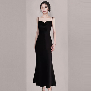 法式赫本风黑色吊带连衣裙女2024夏季新款高端精致收腰显瘦鱼尾裙