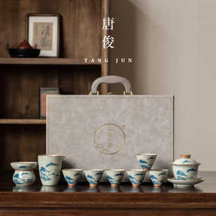 手绘功夫茶具套装2023新款高档轻奢中式盖碗哥窑茶杯家用茶壶礼盒