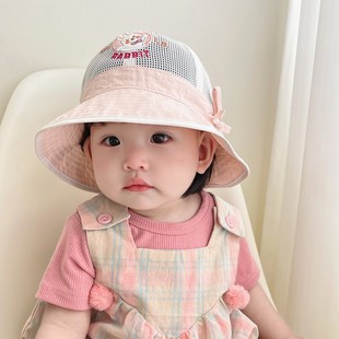 女宝宝防晒帽子夏季网款婴儿小兔可调节渔夫帽女孩儿童网眼遮阳帽