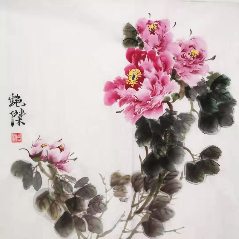 纯手绘写意牡丹国画写意花鸟水墨画客厅玄关装饰挂画满2份包邮