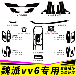 适用于长城魏派wey VV6内饰改装碳纤贴纸车门中控台排挡装饰贴膜