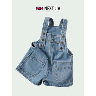 英国NEXT JIA儿童宝宝软牛仔背带裤男女童夏季短裤做旧百搭裤子潮