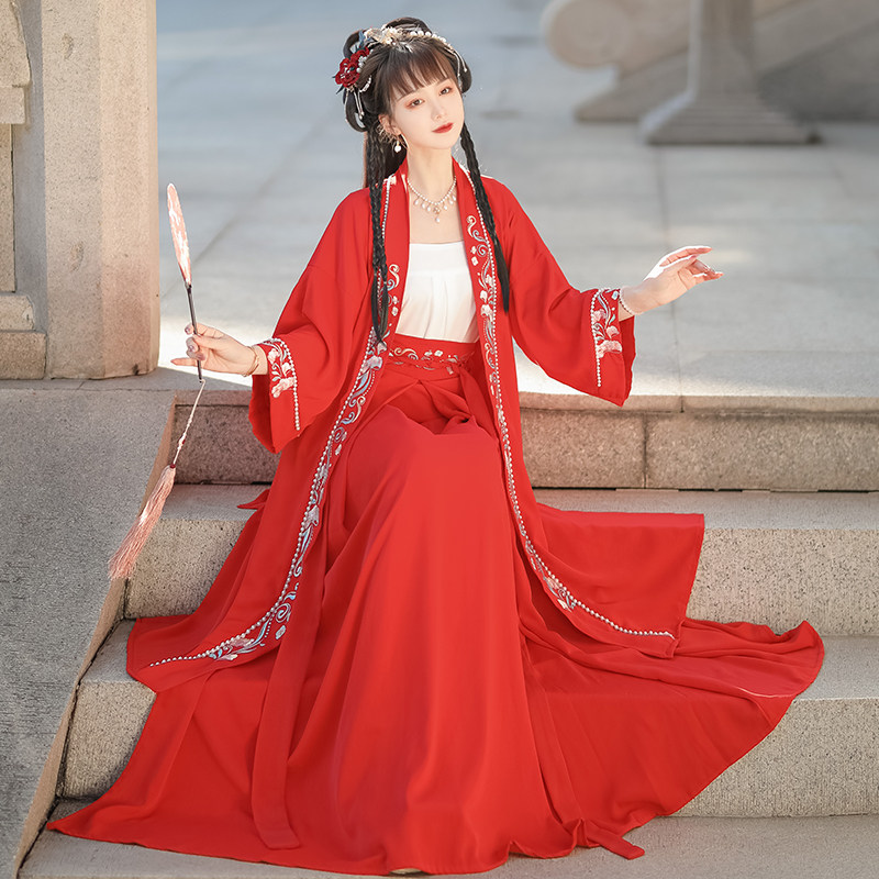 宋制汉服女春夏款汉元素成人小个子古装正品原创新款红色齐腰襦裙
