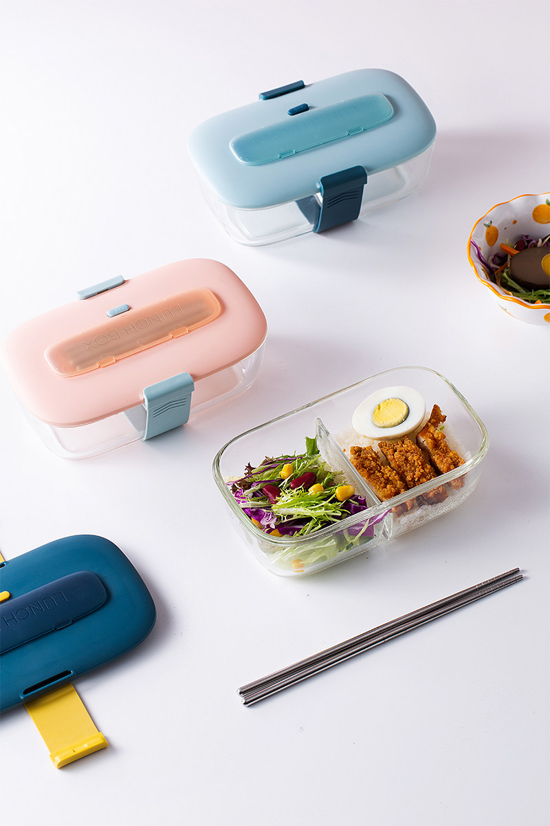 米立风物饭盒上班族玻璃便当盒分隔型大容量可加热微波炉便携手提