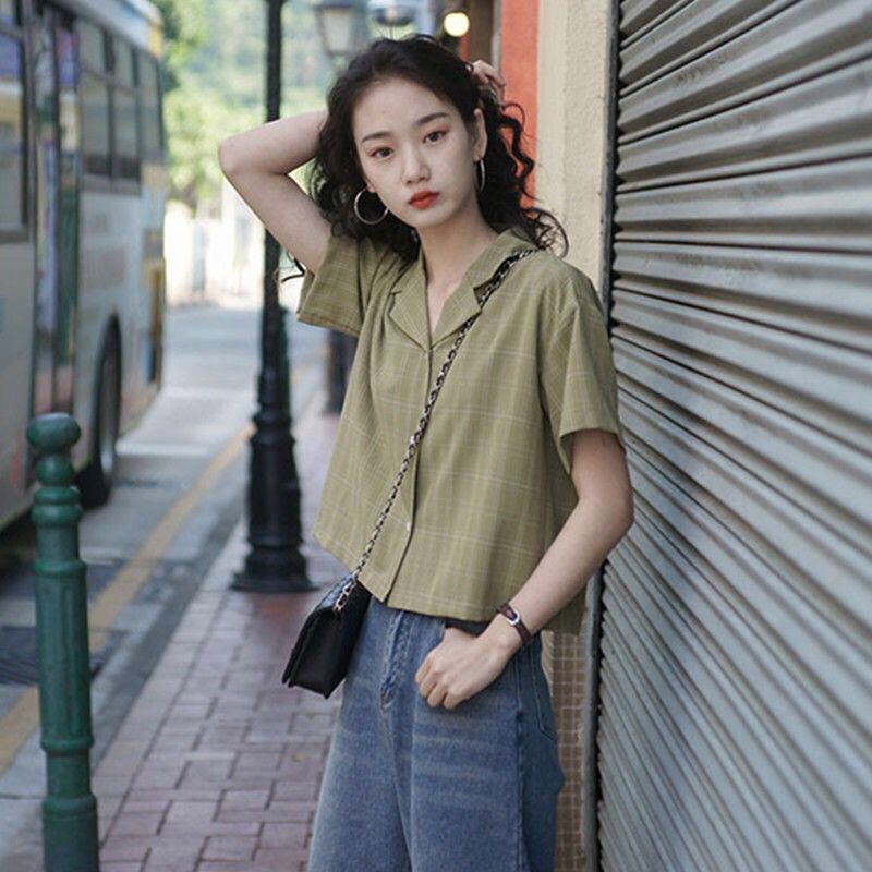 格子衬衫女v领漏锁骨红格子港风复古中短袖衬衣宽松薄款上衣学生