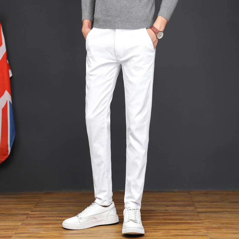 夏季白色裤子男士休闲裤修身韩版百搭纯白色青年商务夏装长裤男潮