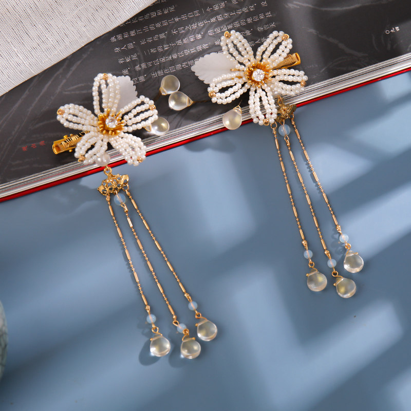 古装发饰边夹手工珍珠流苏对夹出串珠花朵配饰女仙气明制古风头饰