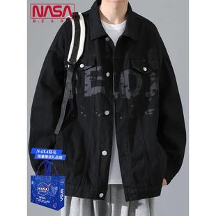 NASA联名美式牛仔外套男士情侣春秋款新款翻领黑色男生复古秋夹克