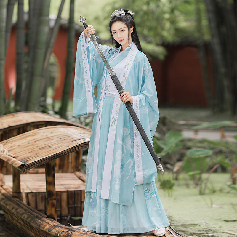 茶松鹤鹿 麻主张汉服女广袖流仙裙交领齐腰襦裙魏晋风