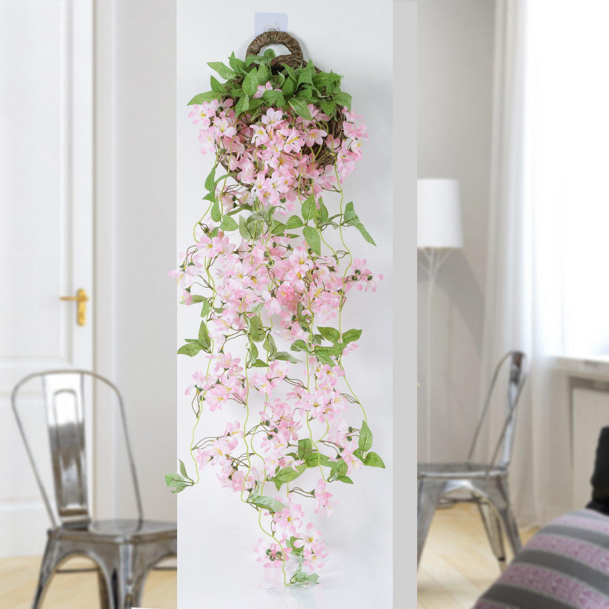 仿真樱花吊挂阳台墙壁客厅玄关装饰吊挂花艺假花干花绢花壁挂兰花