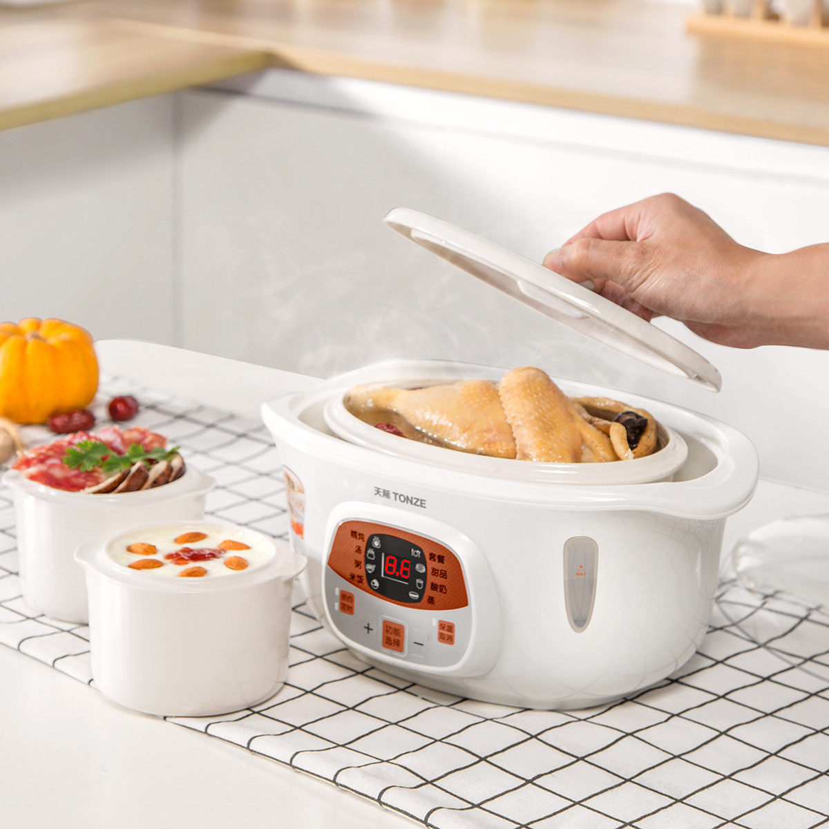 天际全自动白瓷内胆多胆隔水电炖盅煮粥锅电炖锅预约内附蒸盘18l