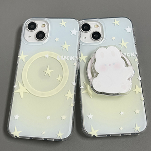 磁吸韩风星星兔子支架适用iPhone15ProMax手机壳苹果13新款14少女12软14promax创意双层图案15pro全包保护套