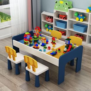 儿童多功能积木桌子大颗粒宝宝拼装玩具桌益智游戏桌实木兼容乐高