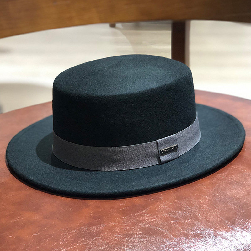 帽子女秋冬季百搭时尚平顶礼帽黑色羊毛呢平沿帽英伦复古爵士帽男