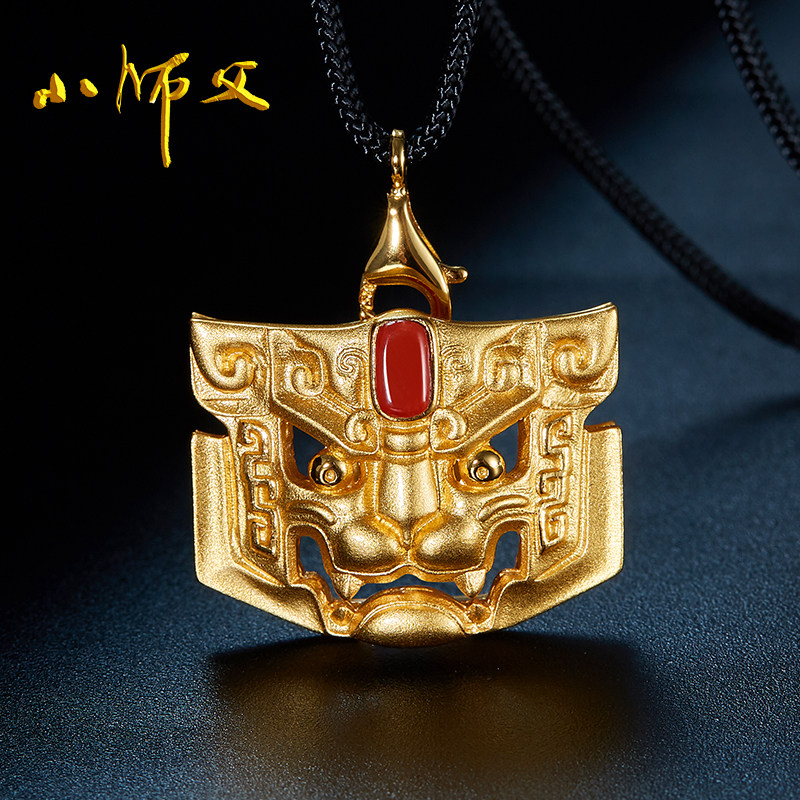 小师父生肖虎项链男925银虎兽面纹吊坠国潮男饕餮纹镀金别扣挂饰