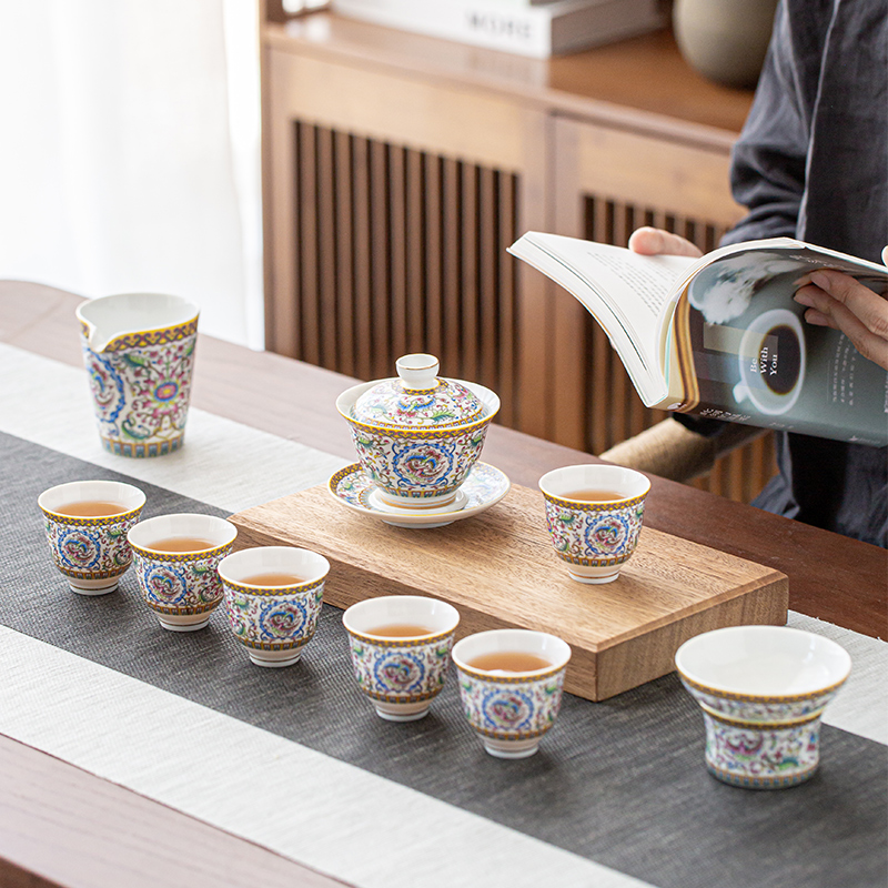 珐琅彩茶具套装家用敬茶碗陶瓷功夫茶手工描金掐丝盖碗茶杯泡茶碗