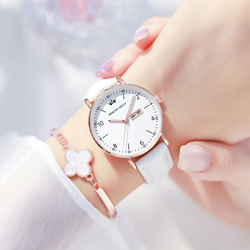 中考手表女款学生防水皮带女生手表女2021年新款休闲大气日历女表