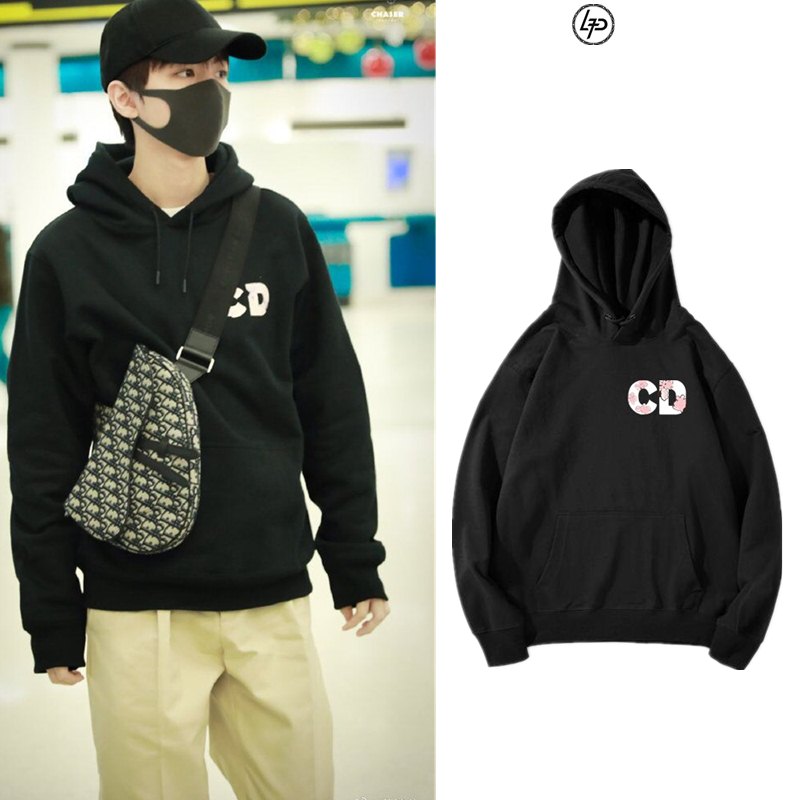 王俊凯机场同款衣服2019冬季新款连帽黑色加绒字母青少年卫衣男优惠券