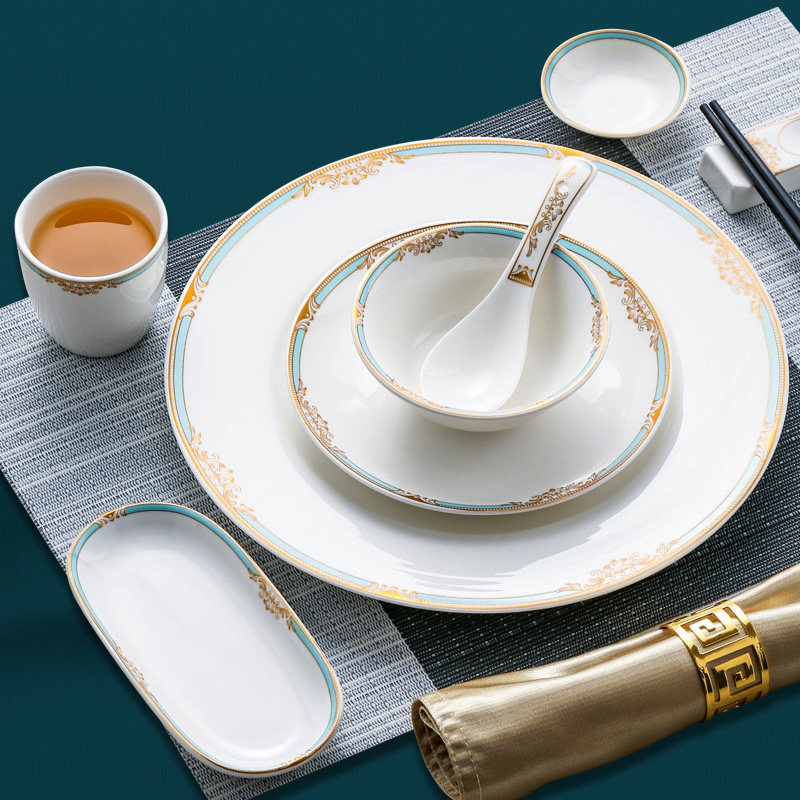餐厅欧式碗筷碟套装金色镶边浮雕单人饭碗盘酒店摆台餐具潮州骨瓷