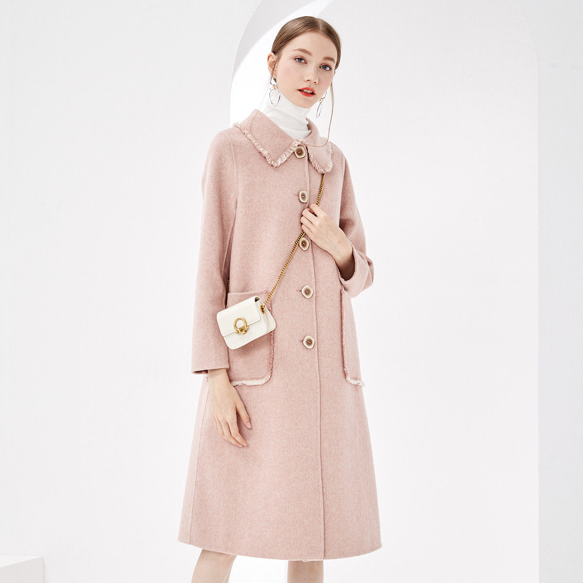 katie ermilio毛呢外套女秋冬季小个子娃娃领小香风双面羊绒大衣