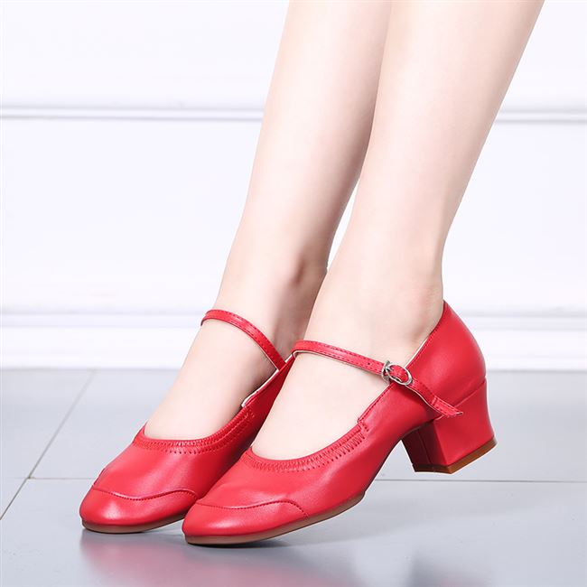 广场舞鞋子跳舞鞋四季中跟 女红色软底舞蹈鞋真皮成人交谊舞女鞋