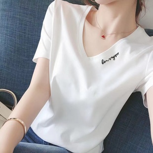纯棉v领短袖t恤女白色2024年新款夏季显瘦圆领打底衫爆款体恤上衣