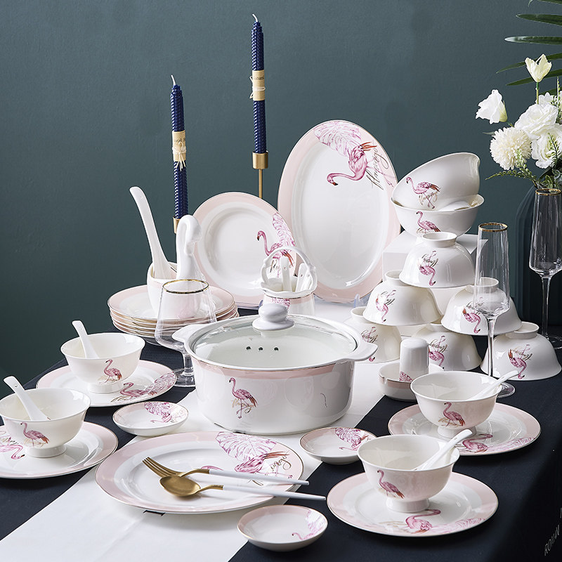 天鹅碗碟套装家用欧式简约景德镇陶瓷碗盘组合乔迁高档骨瓷餐具碗