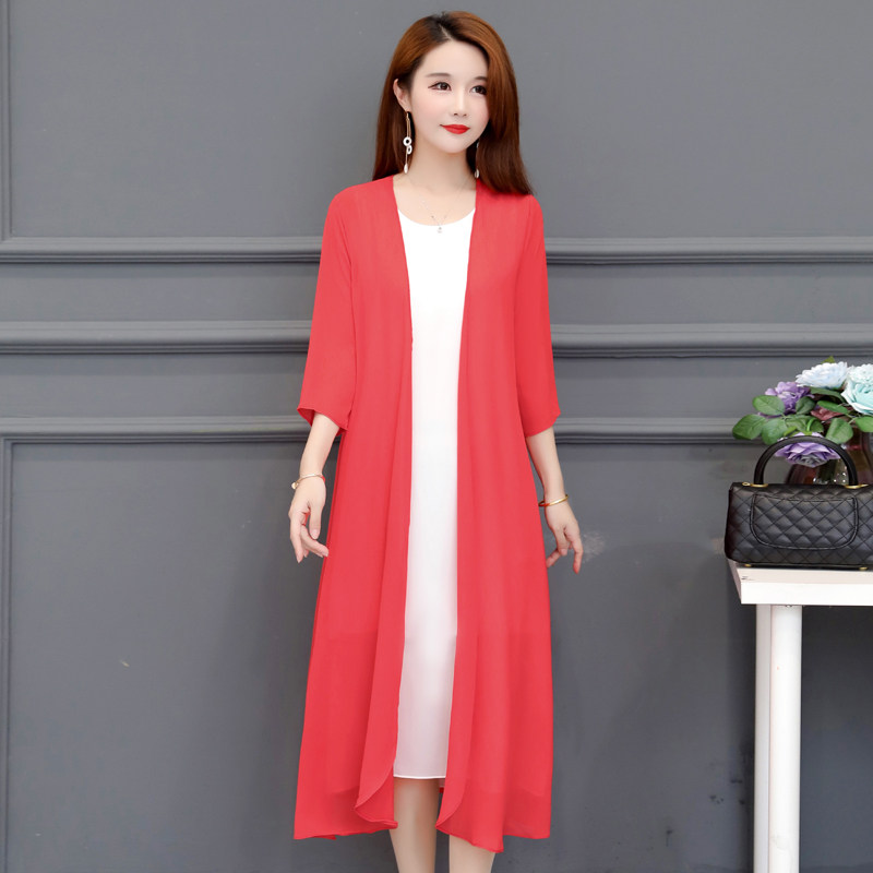 夏季雪纺沙滩防晒衣中长款过膝外披开衫2020薄款大码宽松百搭披肩