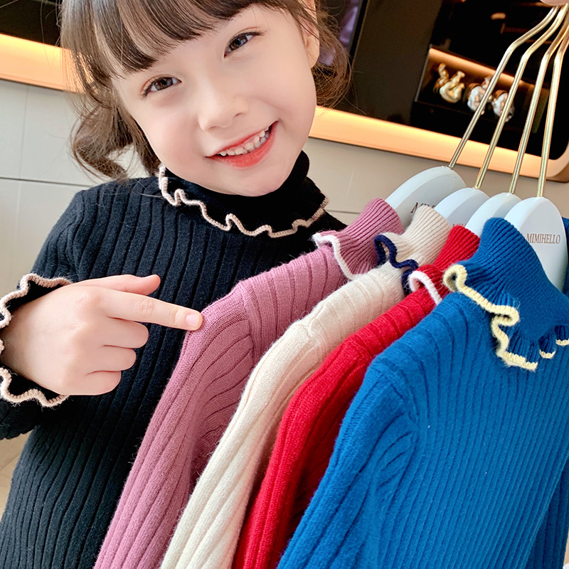 女童毛衣秋冬装新款小女孩洋气花边针织打底衫高领女宝宝洋气上衣