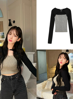 aespa柳智敏同款韩国yues假两件长袖针织衫女修身显瘦上衣冬新款